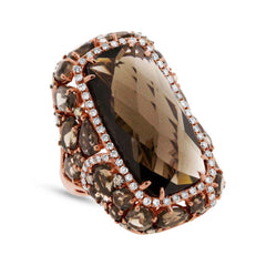 0.99ct White & Champagne Diamond & 20.66ct Smokey Topaz 14k Rose Gold Ring