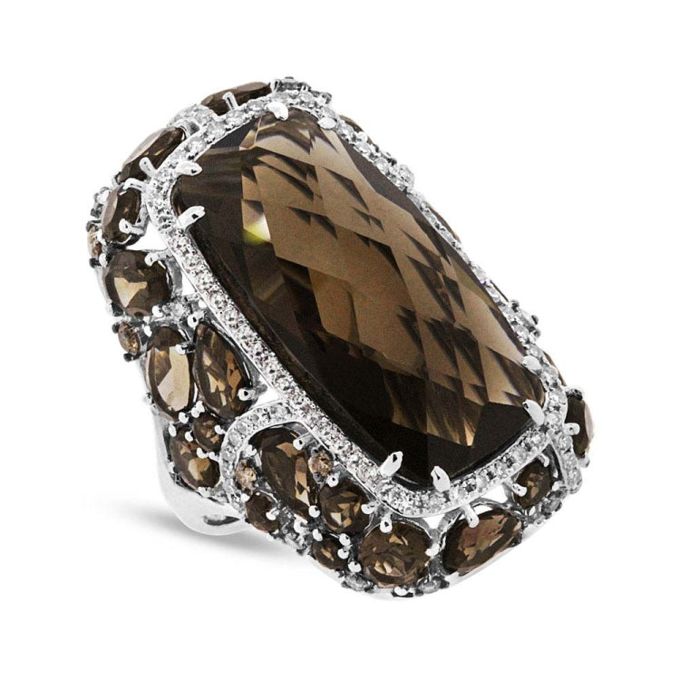 0.99ct White & Champagne Diamond & 20.66ct Smokey Topaz 14k White Gold Ring