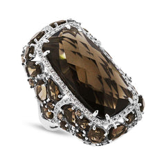 0.99ct White & Champagne Diamond & 20.66ct Smokey Topaz 14k White Gold Ring