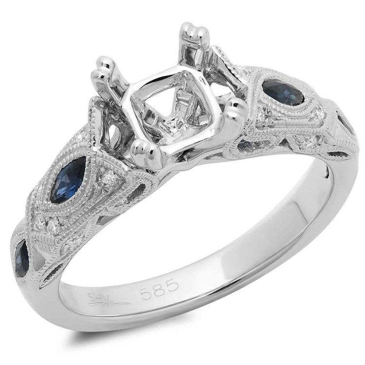 0.09ct Diamond & 0.40ct Blue Sapphire 14k White Gold Semi-mount Ring