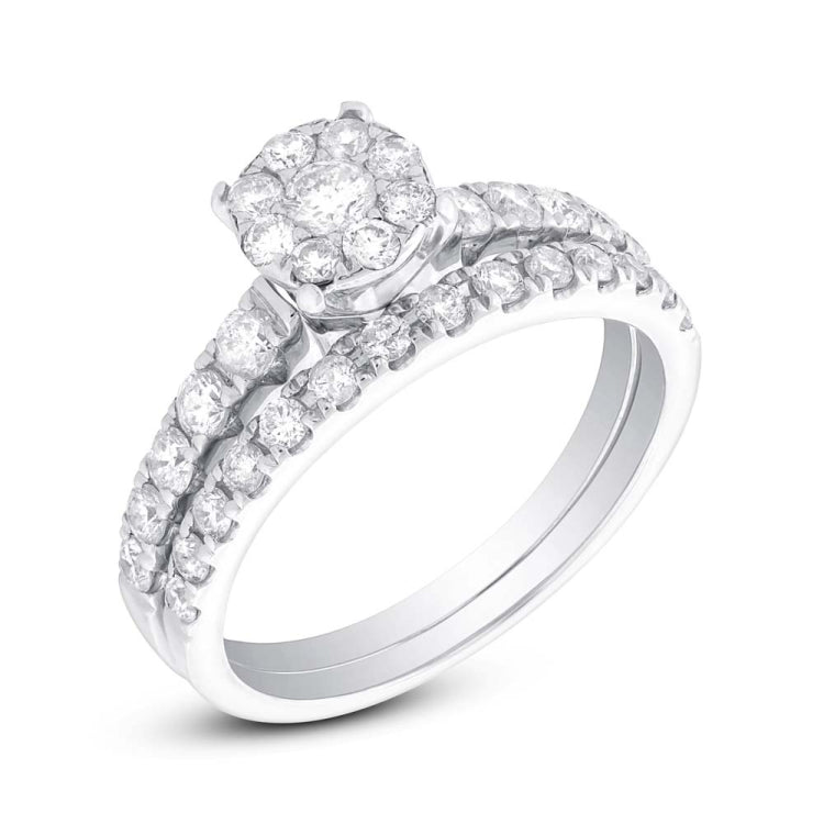 1.03ct 14k White Gold Diamond Cluster Wedding Set