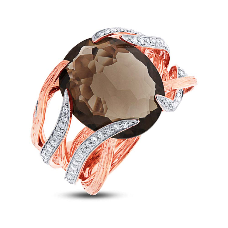 0.50ct Diamond & 12.79ct Smokey Topaz 14k Two-tone Rose Gold Ring Size 8