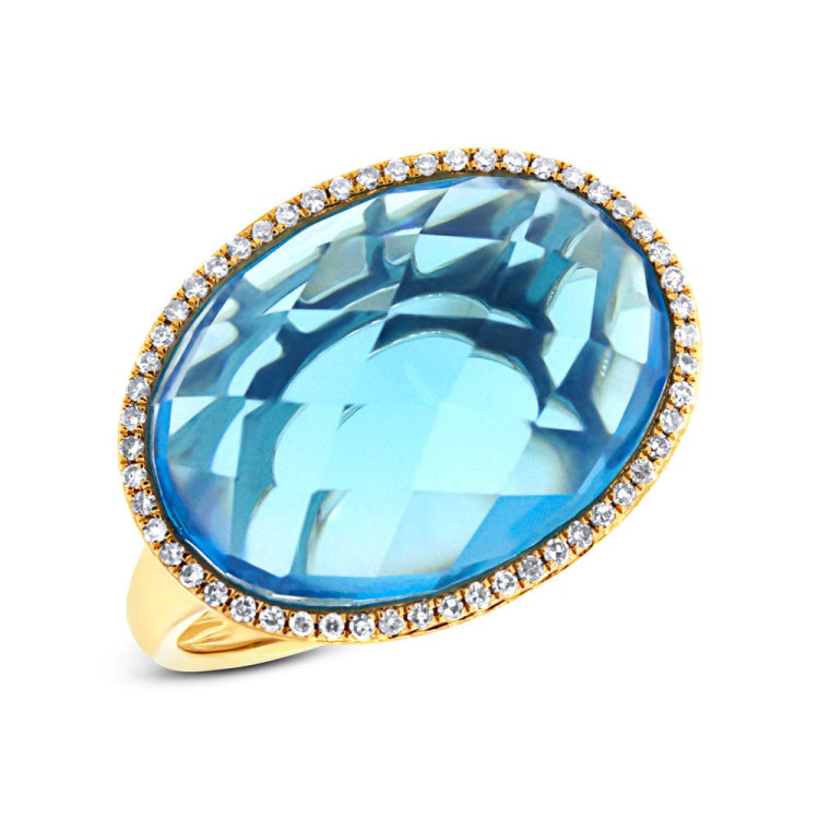 0.17ct Diamond & 12.39ct Blue Topaz 14k Yellow Gold Ring Size 8