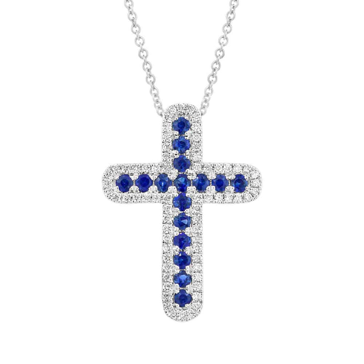 0.21ct Diamond & 0.44ct Blue Sapphire 14k White Gold Cross Necklace