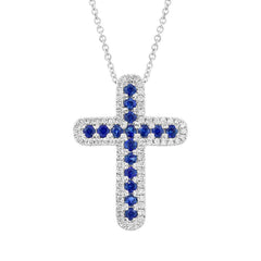 0.21ct Diamond & 0.44ct Blue Sapphire 14k White Gold Cross Necklace