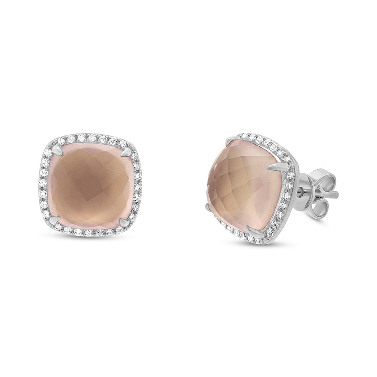 0.17ct Diamond & 6.48ct Rose Quartz 14k White Gold Stud Earring