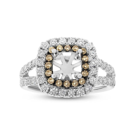 0.90ct 14k White Gold White & Champagne Diamond Semi-mount Ring for 5x5mm Center Size 5.5