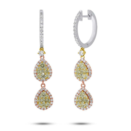 1.82ct 14k Three-tone Gold Natural Yellow & Pink Diamond Cluster Earring