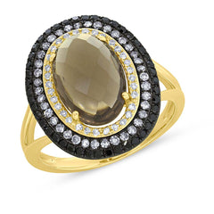 0.60ct White, Champagne & Black Diamond & 2.93ct Smokey Topaz 14k Yellow Gold Ring Size 6
