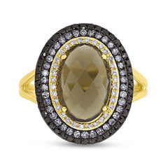 0.60ct White, Champagne & Black Diamond & 2.93ct Smokey Topaz 14k Yellow Gold Ring Size 6