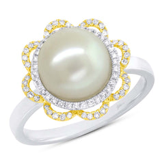 0.19ct Diamond and 1.34ct Fresh Water Pearl 14k Two-tone Gold Flower Ring Size 7.5