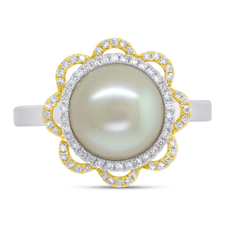 0.19ct Diamond and 1.34ct Fresh Water Pearl 14k Two-tone Gold Flower Ring Size 7.5