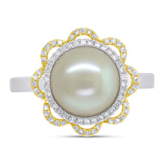 0.19ct Diamond and 1.34ct Fresh Water Pearl 14k Two-tone Gold Flower Ring Size 7.5