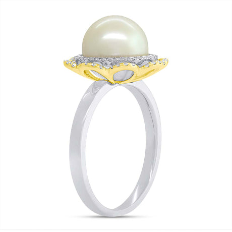 0.19ct Diamond and 1.34ct Fresh Water Pearl 14k Two-tone Gold Flower Ring Size 7.5