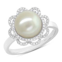 0.19ct Diamond and 1.34ct Fresh Water Pearl 14k Two-tone Gold Flower Ring Size 7.5