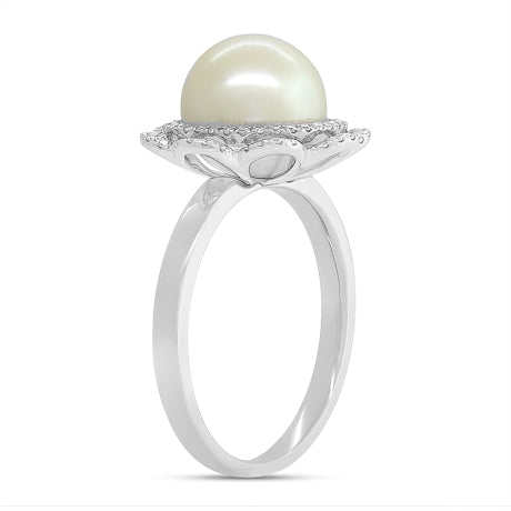 0.19ct Diamond and 1.34ct Fresh Water Pearl 14k Two-tone Gold Flower Ring Size 7.5