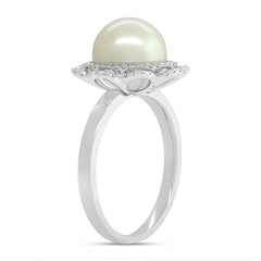 0.19ct Diamond and 1.34ct Fresh Water Pearl 14k Two-tone Gold Flower Ring Size 7.5