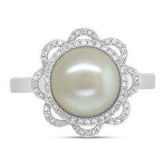 0.19ct Diamond and 1.34ct Fresh Water Pearl 14k White Gold Flower Ring