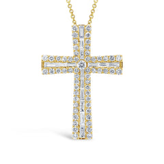 1.00ct 14k Yellow Gold Diamond Baguette Cross Necklace