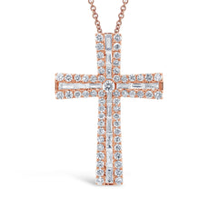 1.00ct 14k Rose Gold Diamond Baguette Cross Necklace