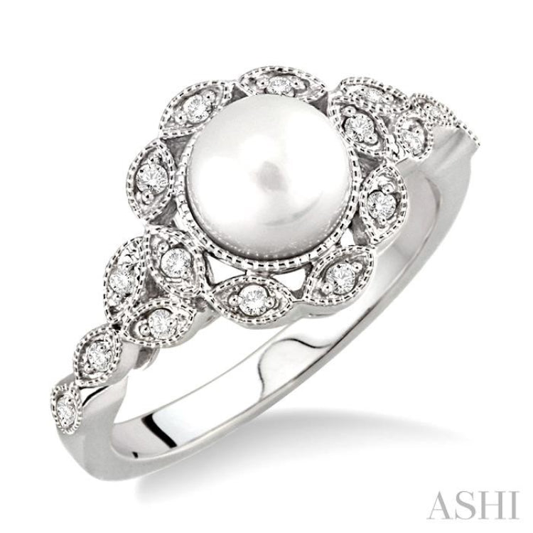 6.5 MM Cultured Pearl and 1/8 Ctw Round Cut Diamond Ring in 10K White Gold