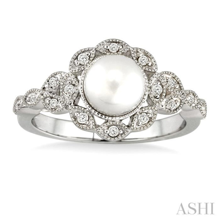 6.5 MM Cultured Pearl and 1/8 Ctw Round Cut Diamond Ring in 10K White Gold