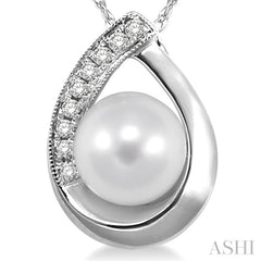 6.5 MM Round Shape Cultured Pearl and 1/20 Ctw Round Cut Diamond Pendant in 14K White Gold with Chain