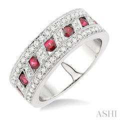 5/8 Ctw Round Cut Diamond and 2.6 mm Round Cut Ruby Precious Band in 18K White Gold