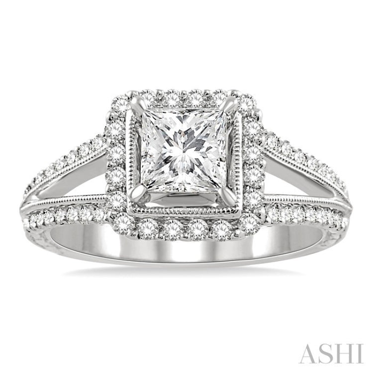 1 1/6 Ctw Diamond Engagement Ring with 3/4 Ct Princess Cut Center Stone in 14K White Gold