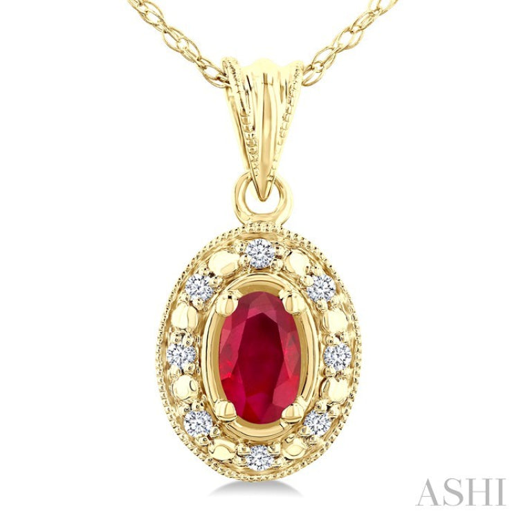 5x3 MM Oval Shape Ruby and 1/20 Ctw Round Cut Diamond Pendant in 14K Yellow Gold with Chain