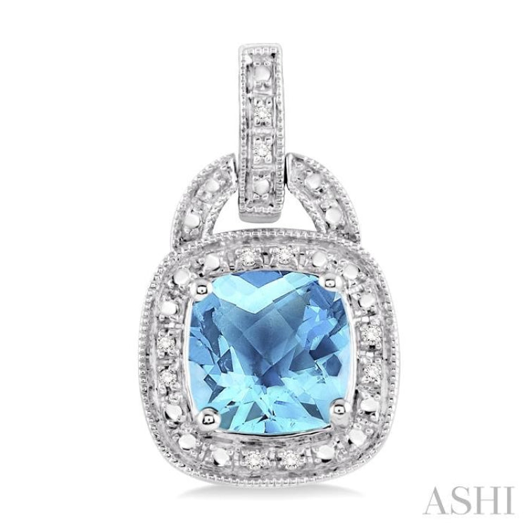 8x8 MM Cushion Shape Blue Topaz and 1/10 Ctw Round Cut Diamond Earrings in Sterling Silver