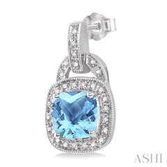 8x8 MM Cushion Shape Blue Topaz and 1/10 Ctw Round Cut Diamond Earrings in Sterling Silver