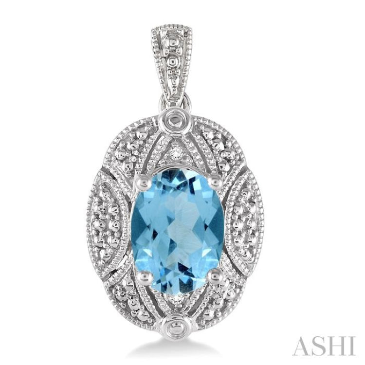 8x6 MM Oval Cut Blue Topaz and 1/50 Ctw Round Cut Diamond Earrings in Sterling Silver