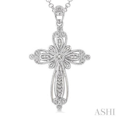 1/20 Ctw Round Cut Diamond Cross Pendant in Sterling Silver with Chain