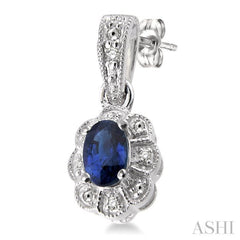 5x3 MM Oval Cut Sapphire and 1/20 Ctw Round Cut Diamond Earrings in Sterling Silver