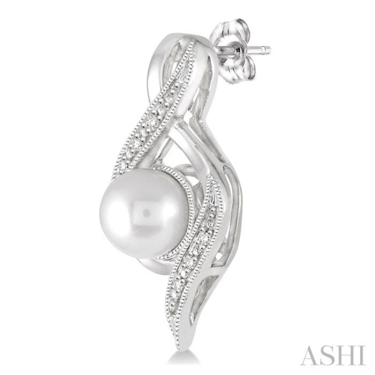 6.5 MM Round Shape Cultured Pearls and 1/20 Ctw Round Cut Diamond Earrings in Sterling Silver
