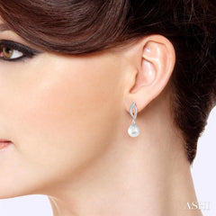7x7 MM Round Cut Cultured Pearls and 1/6 Ctw Round Cut Diamond Earrings in 14K White Gold