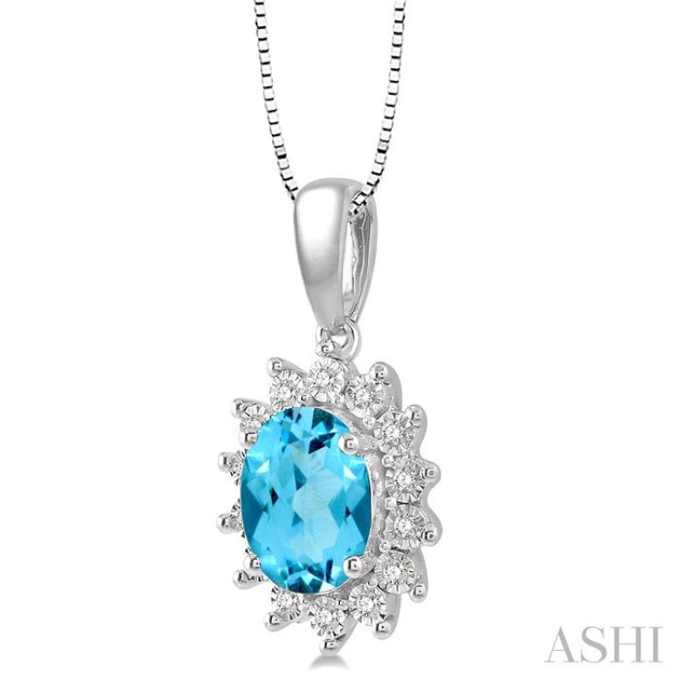 8X6 MM Oval Shape Blue Topaz and 1/10 Ctw Round Cut Diamond Semi-Precious Pendant With Chain in 10K White Gold