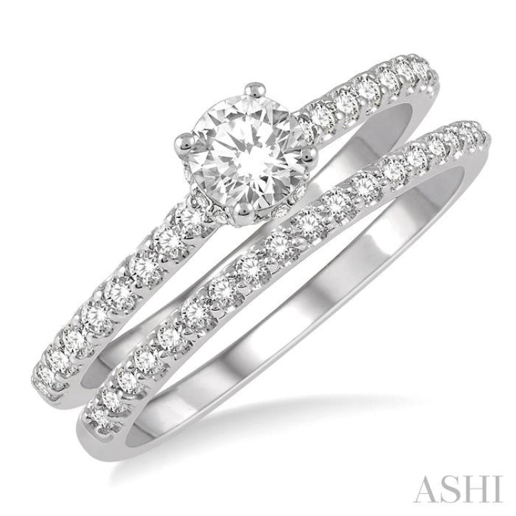 3/4 Ctw Diamond Wedding Set With 5/8 Ct Round Cut Diamond Engagement Ring and 1/6 Ct Wedding Band in 14K White Gold