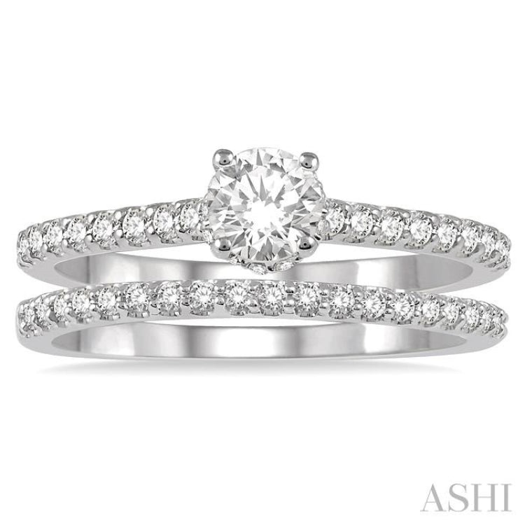 3/4 Ctw Diamond Wedding Set With 5/8 Ct Round Cut Diamond Engagement Ring and 1/6 Ct Wedding Band in 14K White Gold