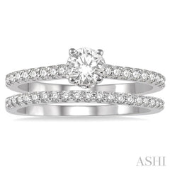3/4 Ctw Diamond Wedding Set With 5/8 Ct Round Cut Diamond Engagement Ring and 1/6 Ct Wedding Band in 14K White Gold