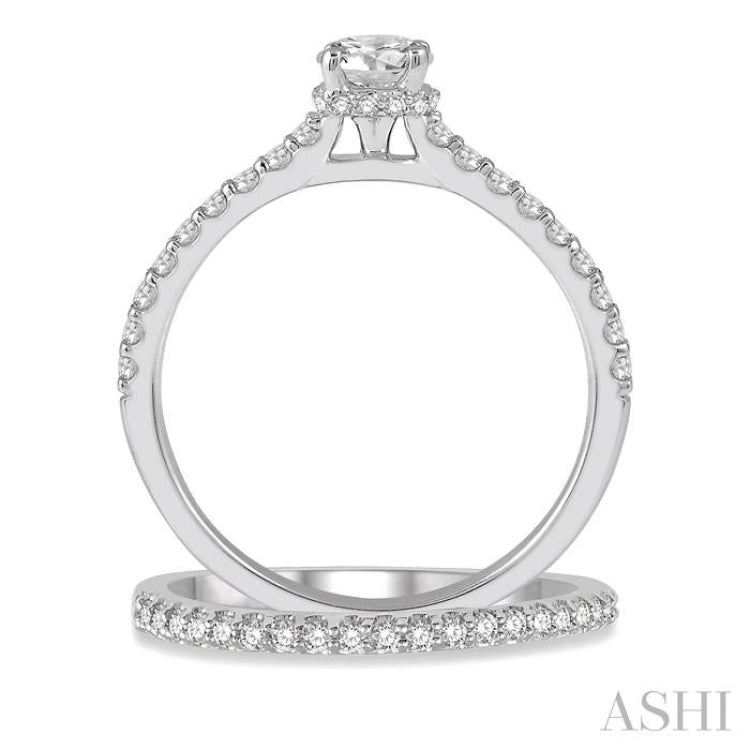 3/4 Ctw Diamond Wedding Set With 5/8 Ct Round Cut Diamond Engagement Ring and 1/6 Ct Wedding Band in 14K White Gold