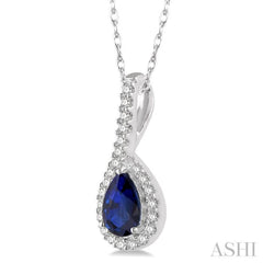 1/8 Ctw Pear Shape 6x4 MM Sapphire & Round Cut Diamond Precious Pendant in 10K White Gold