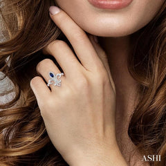 6x3 MM Marquise Shape Sapphire and 1/10 Ctw Round Cut Diamond Fleur De Lis Precious Ring in 10K White Gold