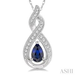 1/10 Ctw Entwined Pear Shape 6x4 MM Sapphire & Round Cut Diamond Precious Pendant With Chain in 10K White Gold