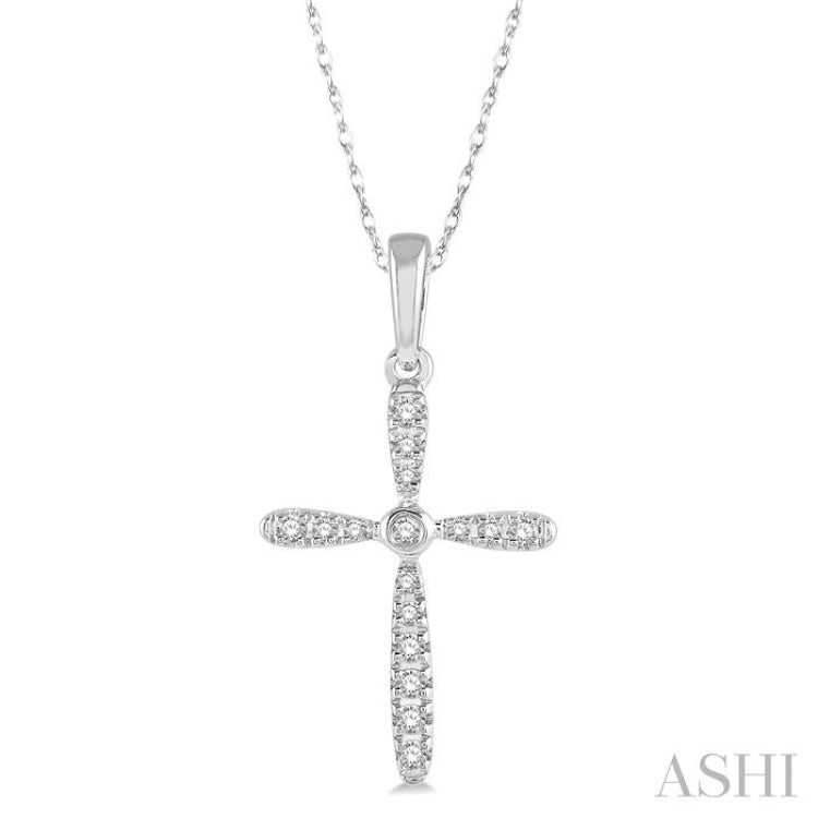 1/10 Ctw Cross Charm Round Cut Diamond Petite Pendant With Chain in 10K White Gold