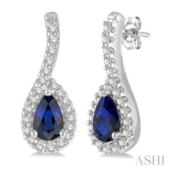 5x3 MM Hanging Arm Pear Cut Sapphire and 1/6 Ctw Round Cut Diamond Precious Earrings in 10K White Gold