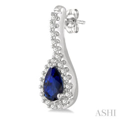 5x3 MM Hanging Arm Pear Cut Sapphire and 1/6 Ctw Round Cut Diamond Precious Earrings in 10K White Gold
