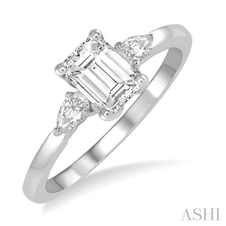 3/4 ctw Octagon Emerald and Pear Cut Diamond Ladies Engagement Ring with 1/2 Ct Emerald Cut Center Stone in 14K White Gold