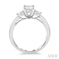 1/2 ctw Octagon Emerald and Pear Cut Diamond Ladies Engagement Ring with 1/3 Ct Emerald Cut Center Stone in 14K White Gold